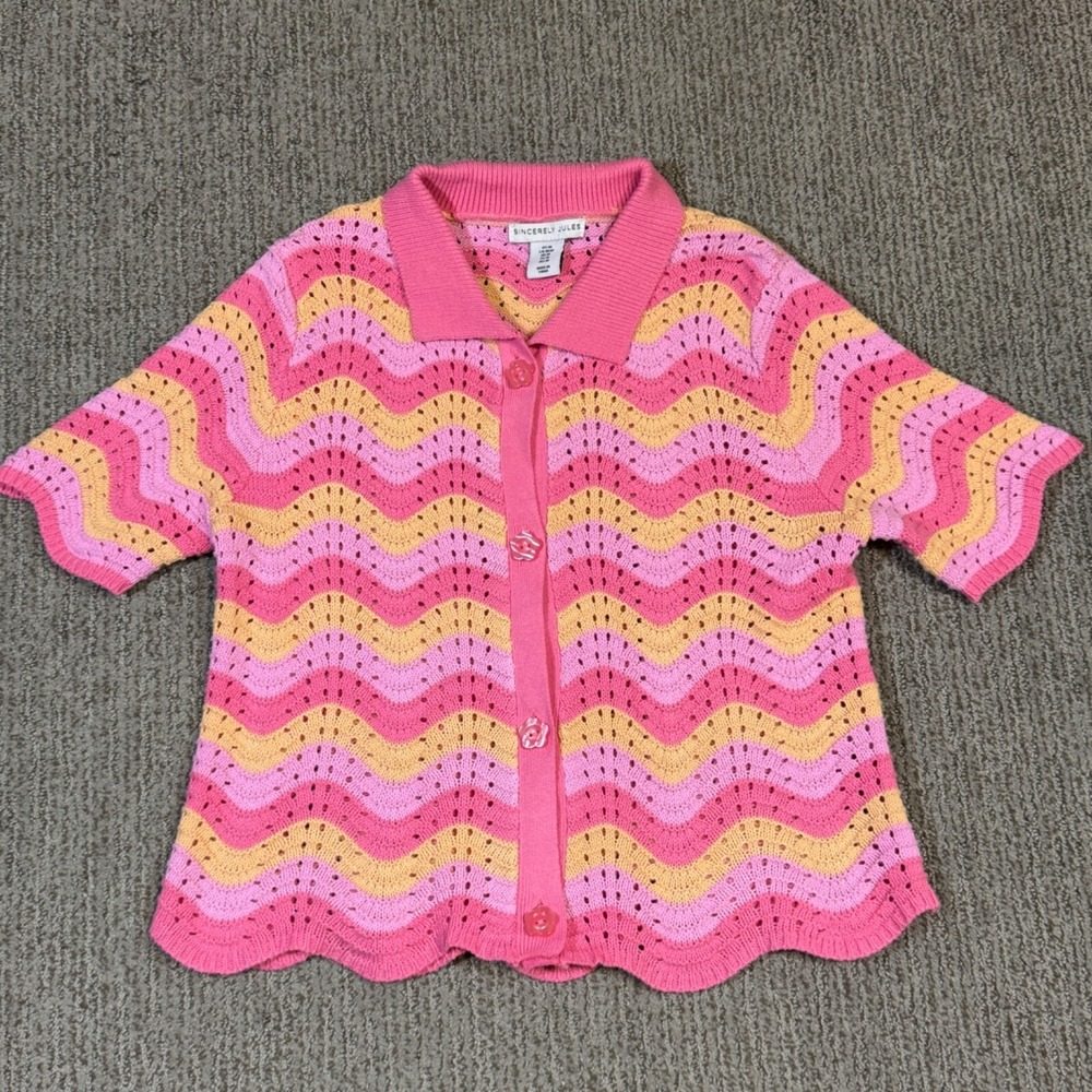 Sincerely Jules Womens M Polo Cardigan Sweater Crochet Knit Retro Hippie Flower